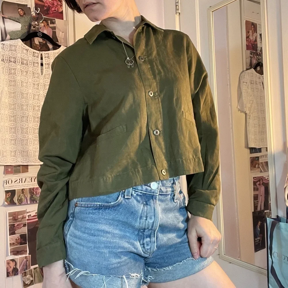 Eileen Fisher Button Front Shirt Crop Green Size SP - Picture 9 of 10